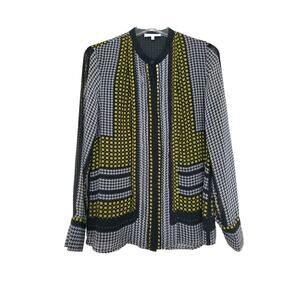 Calvin Klein Blouse Top Womens Mandarin Collar, Button Down, Yellow Blk, Small